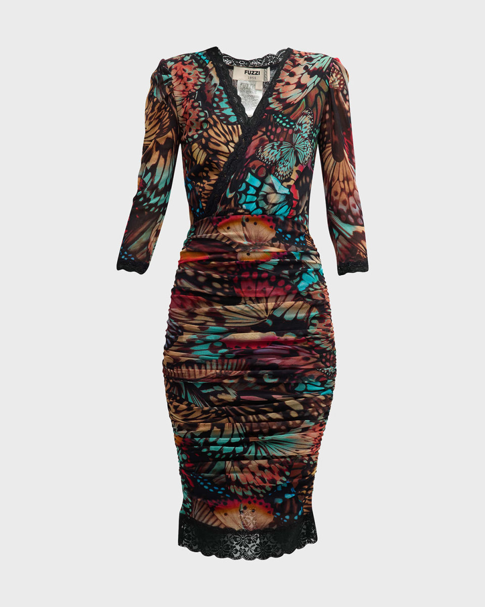 Butterfly-Print Lace-Trim Tulle Midi Dress